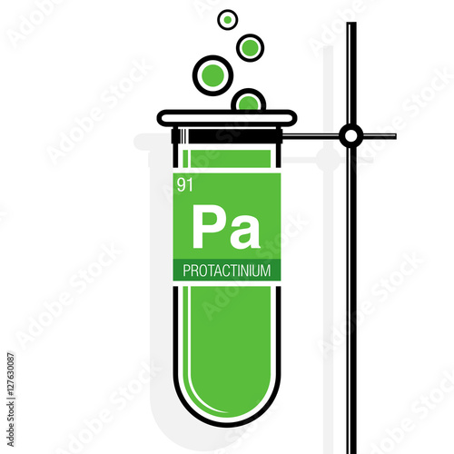 Protactinium symbol on label in a green test tube with holder. Element number 91 of the Periodic Table of the Elements - Chemistry