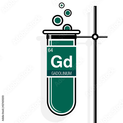 Gadolinium symbol on label in a green test tube with holder. Element number 64 of the Periodic Table of the Elements - Chemistry