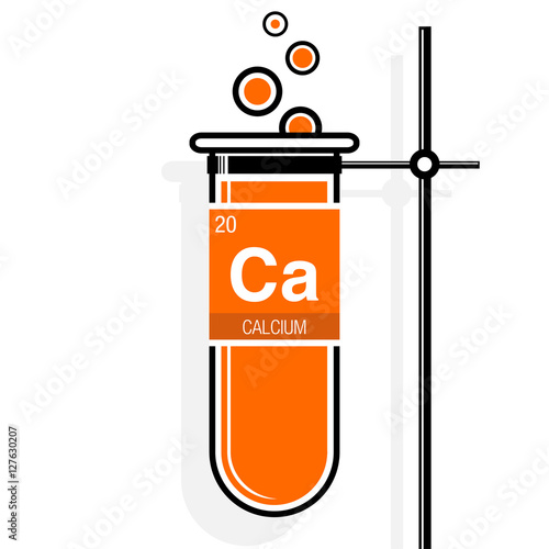 Calcium symbol on label in a orange test tube with holder. Element number 20 of the Periodic Table of the Elements - Chemistry 