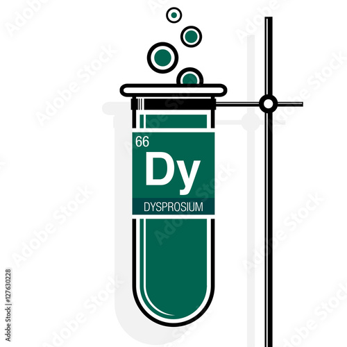 Dysprosium symbol on label in a green test tube with holder. Element number 66 of the Periodic Table of the Elements - Chemistry