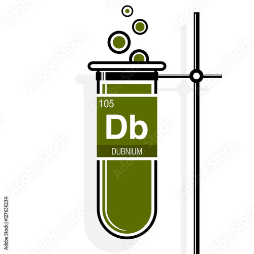Dubnium symbol on label in a green test tube with holder. Element number 105 of the Periodic Table of the Elements - Chemistry