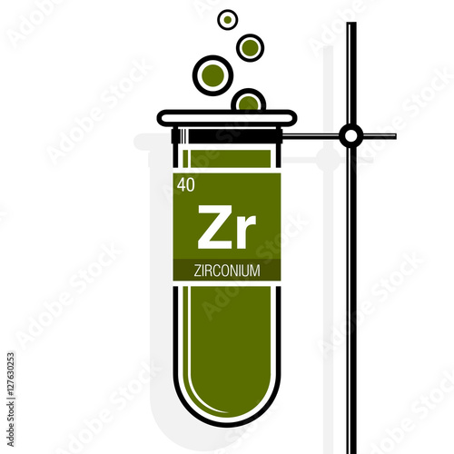 Zirconium symbol on label in a green test tube with holder. Element number 40 of the Periodic Table of the Elements - Chemistry