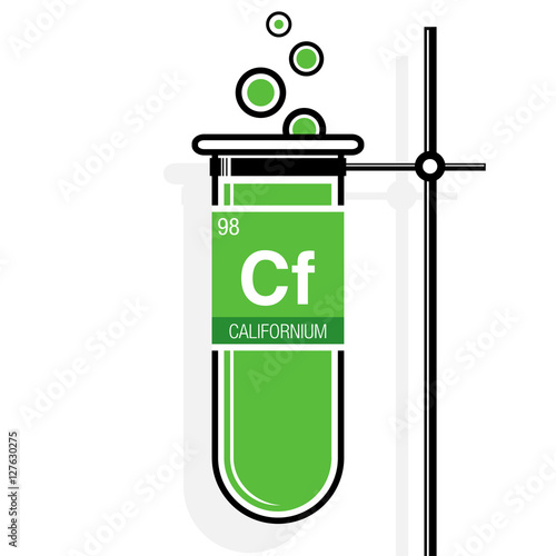 Californium symbol on label in a green test tube with holder. Element number 98 of the Periodic Table of the Elements - Chemistry