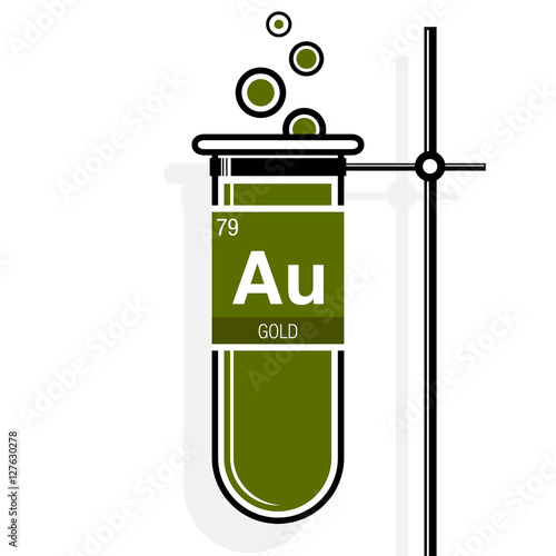 Gold symbol on label in a green test tube with holder. Element number 79 of the Periodic Table of the Elements - Chemistry