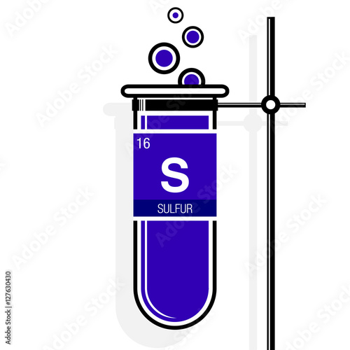 Sulfur symbol on label in a violet test tube with holder. Element number 16 of the Periodic Table of the Elements - Chemistry 
