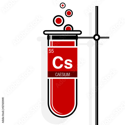 Caesium symbol on label in a red test tube with holder. Element number 55 of the Periodic Table of the Elements - Chemistry