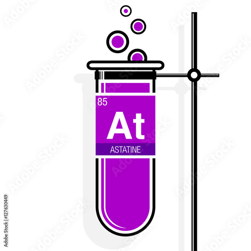 Astatine symbol on label in a magenta test tube with holder. Element number 85 of the Periodic Table of the Elements - Chemistry