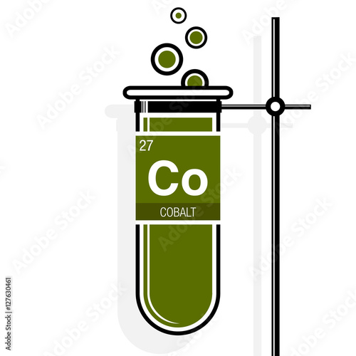 Cobalt symbol on label in a green test tube with holder. Element number 27 of the Periodic Table of the Elements - Chemistry