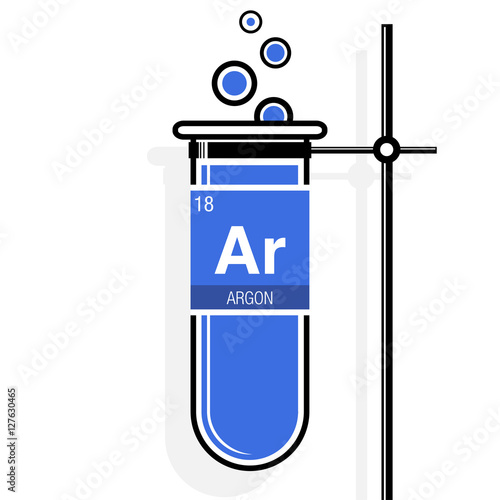 Argon symbol on label in a blue test tube with holder. Element number 18 of the Periodic Table of the Elements - Chemistry