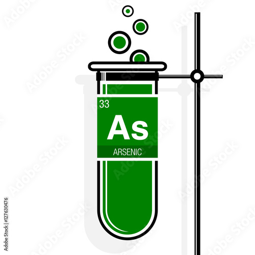 Arsenic symbol on label in a green test tube with holder. Element number 33 of the Periodic Table of the Elements - Chemistry