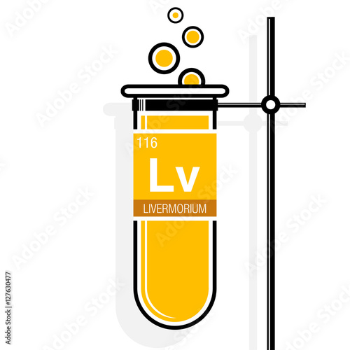Livermorium symbol on label in a yellow test tube with holder. Element number 116 of the Periodic Table of the Elements - Chemistry