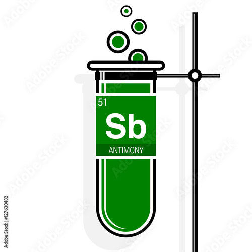 Antimony symbol on label in a green test tube with holder. Element number 51 of the Periodic Table of the Elements - Chemistry