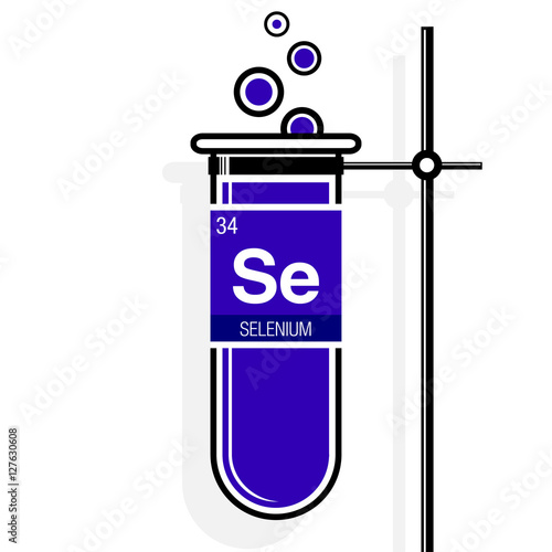 Selenium symbol on label in a violet test tube with holder. Element number 34 of the Periodic Table of the Elements - Chemistry