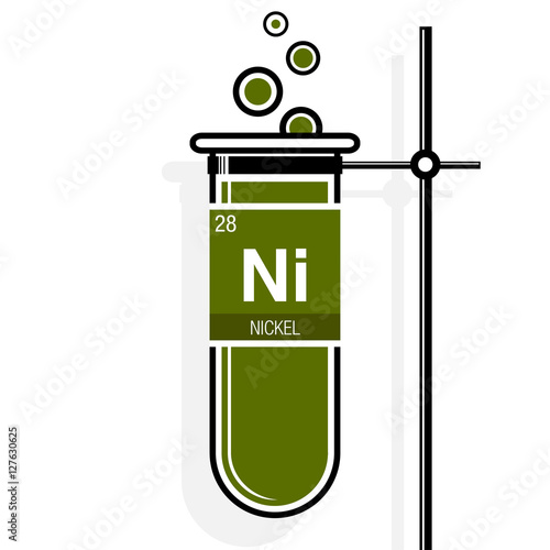 Nickel symbol on label in a green test tube with holder. Element number 28 of the Periodic Table of the Elements - Chemistry