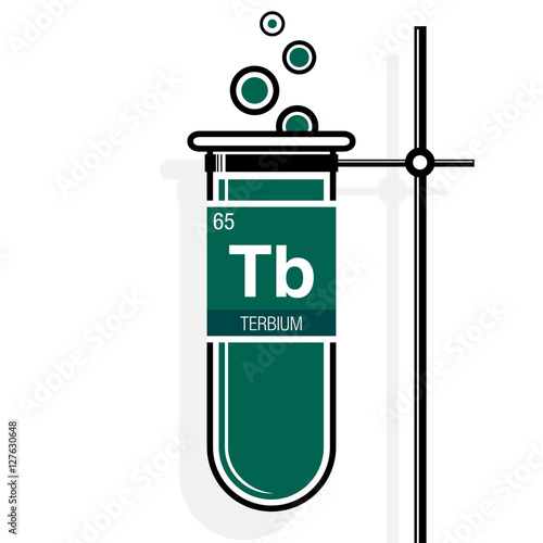 Terbium symbol on label in a green test tube with holder. Element number 65 of the Periodic Table of the Elements - Chemistry