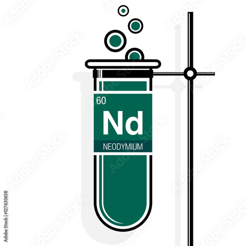 Neodymium symbol on label in a green test tube with holder. Element number 60 of the Periodic Table of the Elements - Chemistry