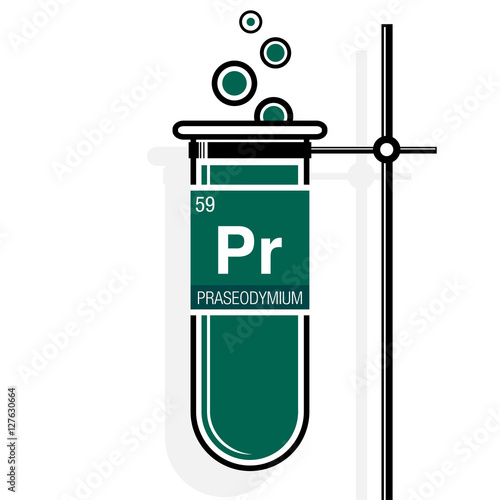 Praseodymium symbol on label in a green test tube with holder. Element number 59 of the Periodic Table of the Elements - Chemistry