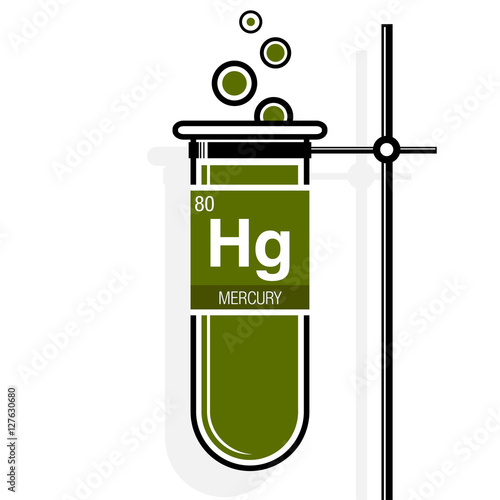 Mercury symbol on label in a green test tube with holder. Element number 80 of the Periodic Table of the Elements - Chemistry