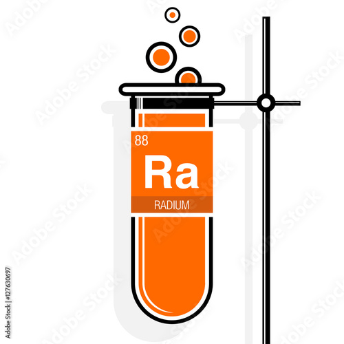 Radium symbol on label in a orange test tube with holder. Element number 88 of the Periodic Table of the Elements - Chemistry