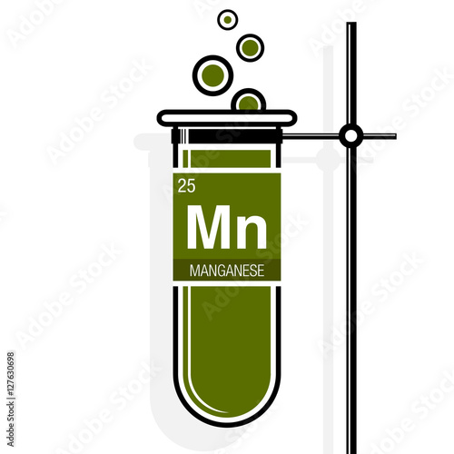 Manganese symbol on label in a green test tube with holder. Element number 25 of the Periodic Table of the Elements - Chemistry