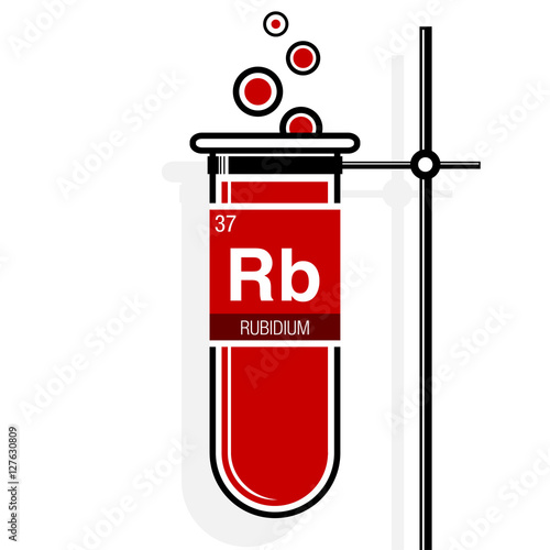 Rubidium symbol on label in a red test tube with holder. Element number 37 of the Periodic Table of the Elements - Chemistry