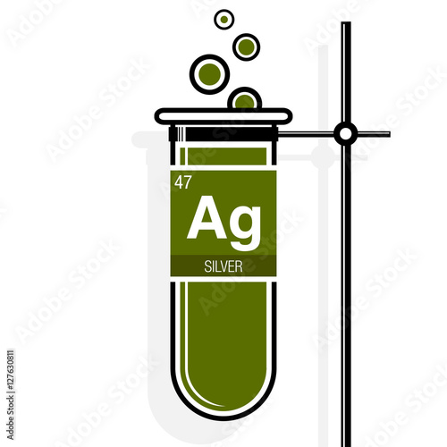 Silver symbol on label in a green test tube with holder. Element number 47 of the Periodic Table of the Elements - Chemistry