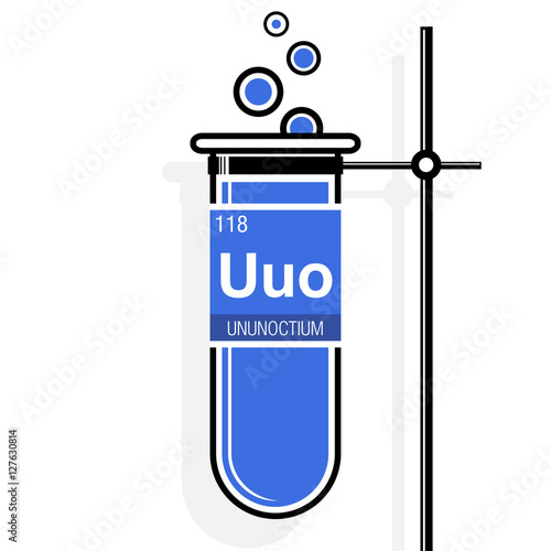 Ununoctium symbol on label in a blue test tube with holder. Element number 118 of the Periodic Table of the Elements - Chemistry