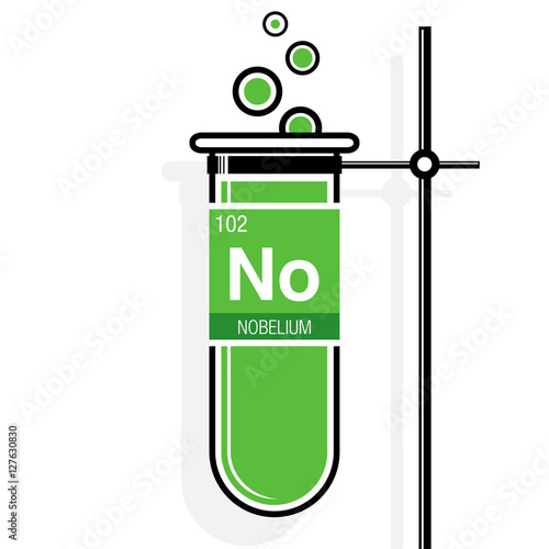 Nobelium symbol on label in a green test tube with holder. Element number 102 of the Periodic Table of the Elements - Chemistry 