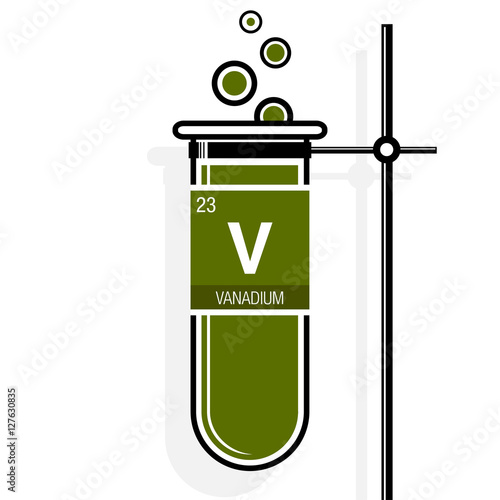 Vanadium symbol on label in a green test tube with holder. Element number 23 of the Periodic Table of the Elements - Chemistry