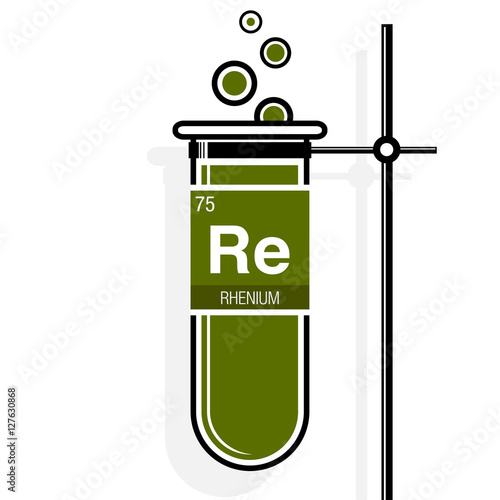 Rhenium symbol on label in a green test tube with holder. Element number 75 of the Periodic Table of the Elements - Chemistry