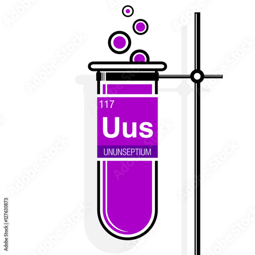 Ununseptium symbol on label in a magenta test tube with holder. Element number 117 of the Periodic Table of the Elements - Chemistry