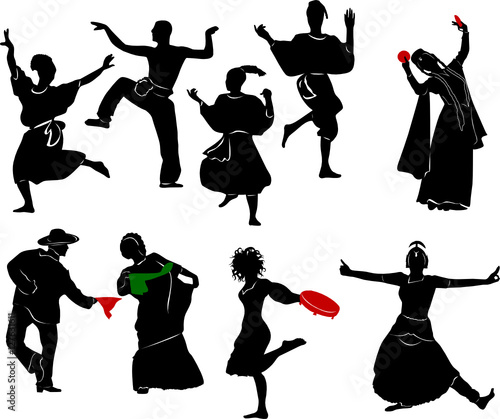 Silhouettes of dancing people. Ethnic dances.