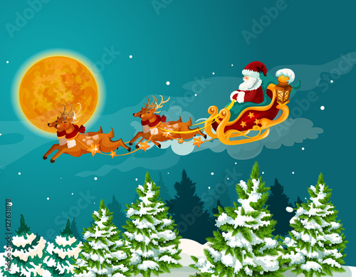 Santa sleigh with reindeer Christmas poster design
