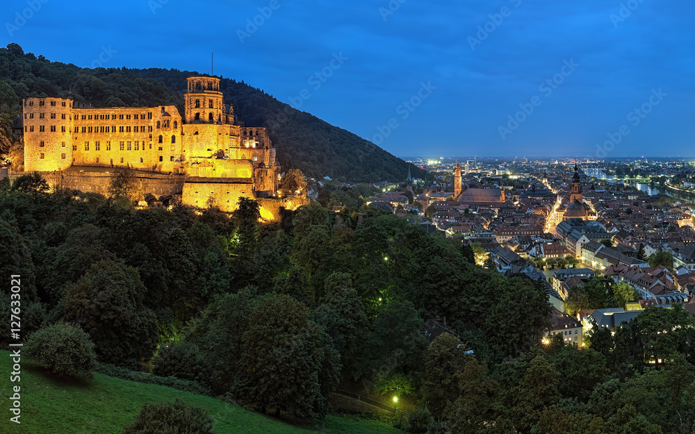 Evening view of Heidelberg, Germany with Heidelberg Castle, Jesuit Church and Church of the Holy Spirit