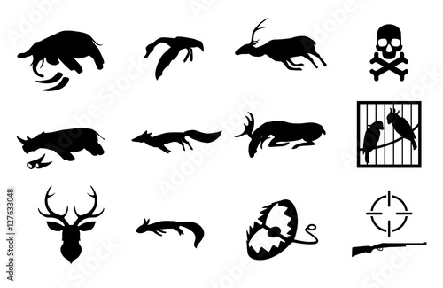 Vector set of poaching and illegal animal hunting and catching icons. Social problem of danger for safety of wildlife. Pictograms of dead animals, birds in cage, dummy, trap and gun. Stop poachers.