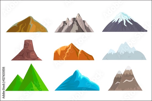Cartoon hills and mountains set, vector isolated landscape elements for web or game design. Vector illustration. White background.
