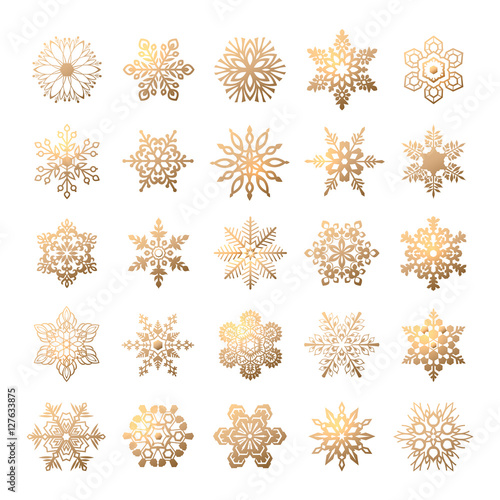 Set of gold snowflakes icons isolated on white background for christmas card, shop banner or flyer. Vector eps10 format.