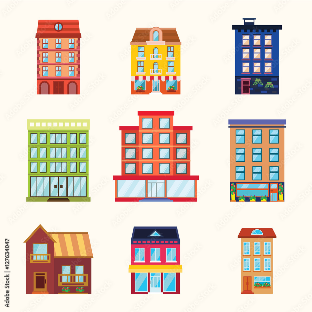 City and town buildings icon set