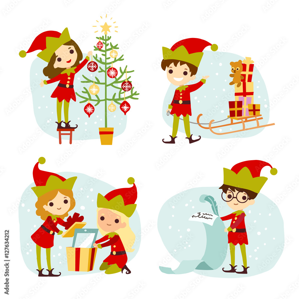 Elves Santa's helpers cartoon vector illustration. Set of Santa Claus elf  christmas kids for congratulation card, website, celebration, booklet and  banner. Stock Vector | Adobe Stock