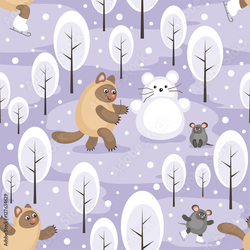 Colorful seamless pattern with an amusing cat and mouse. Fun children's background in cartoon style. 