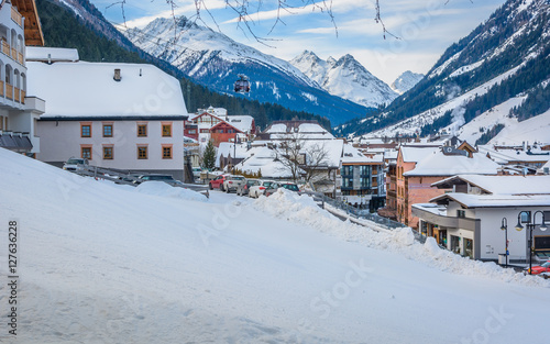 Ischgl village center aerial. / View at winter resort in Alps, Ischgl famous skii resort, Austria Europe.
