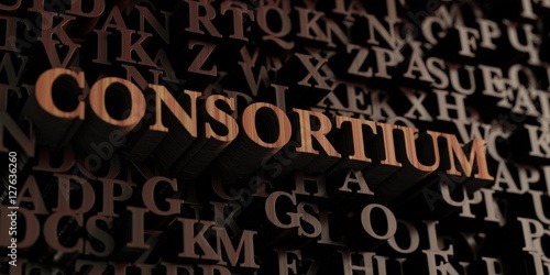 Consortium - Wooden 3D rendered letters/message. Can be used for an online banner ad or a print postcard.