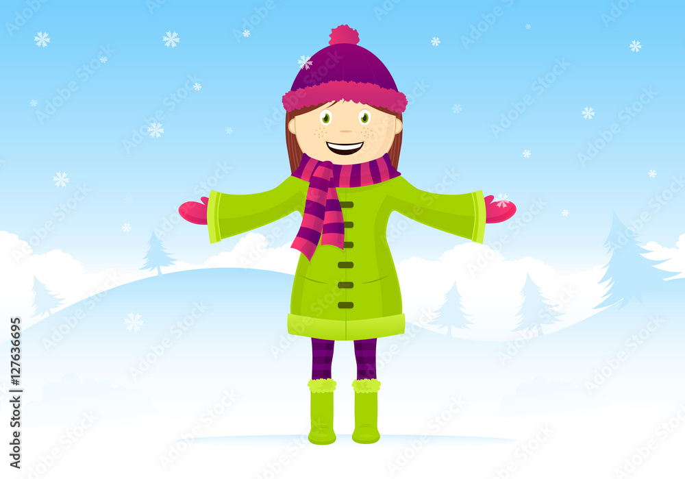 It's Snowing. Smiling Girl Standing with Arms Wide Open on Winter Day. 