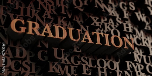 Graduation - Wooden 3D rendered letters/message. Can be used for an online banner ad or a print postcard.
