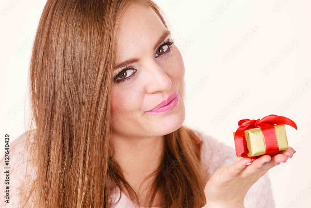 Lovely woman with golden box gift Lovely woman with golden box gift