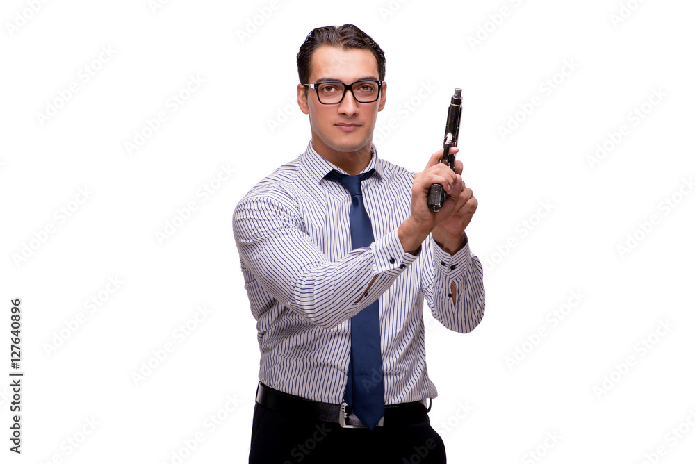 Young businessman with gun isolated on white Young businessman with gun isolated on white