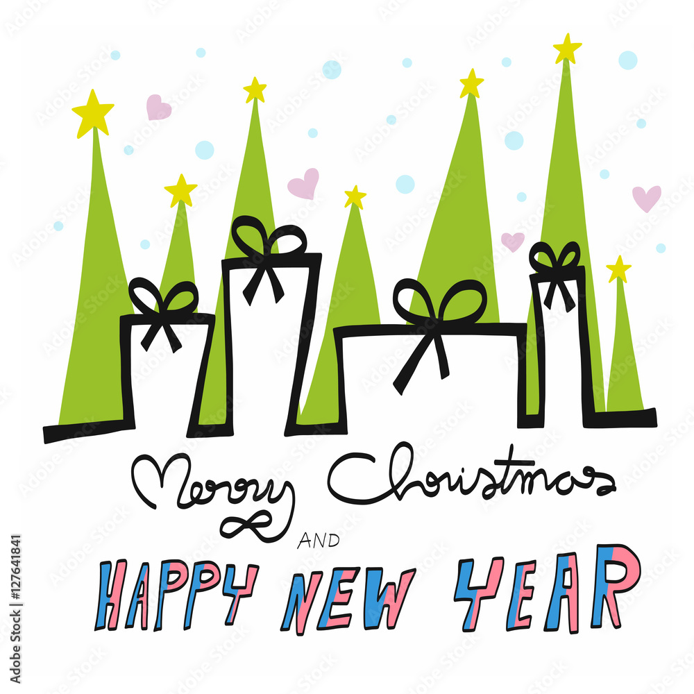 Merry Christmas and Happy New Year word, gifts and tree cartoon