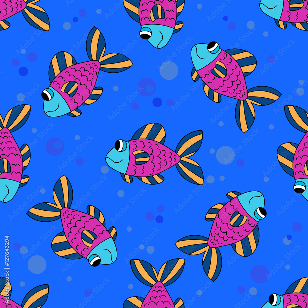 Cute colorful cartoon happy pink, yellow, blue fish seamless pattern. Navy blue background. Tropical ocean life. Animal wrappng paper. Vector illustration.