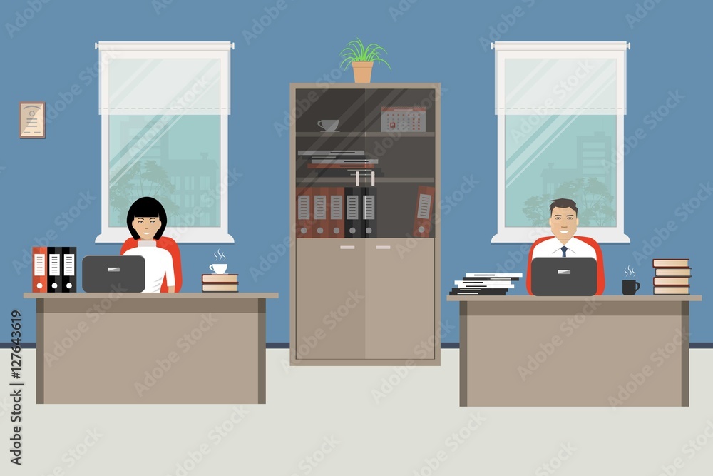 Web banner of two office workers. The young woman and man is an employees at work. There is furniture in beige color on a windows background in the picture. Vector flat illustration Web banner of two office workers. The young woman and man is an employees at work. There is furniture in beige color on a windows background in the picture. Vector flat illustration