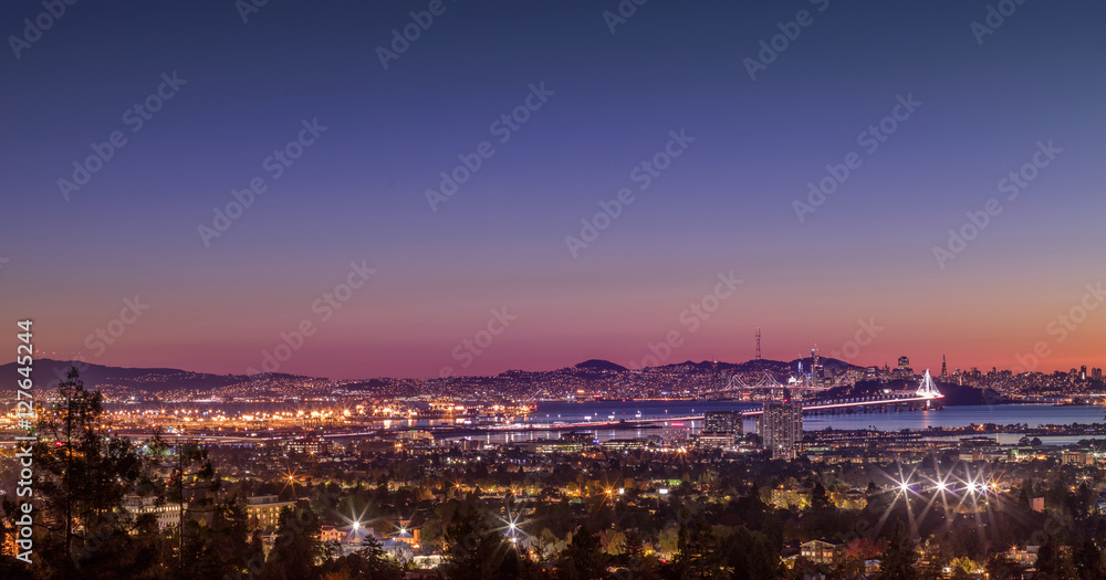 Panorama Night View of San Francisco Bay, East Bay, Oakland, Emeryville